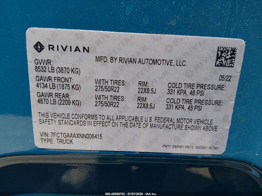2022 Rivian R1T Adventure VIN: 7FCTGAAAXNN006415 Lot: 45556702
