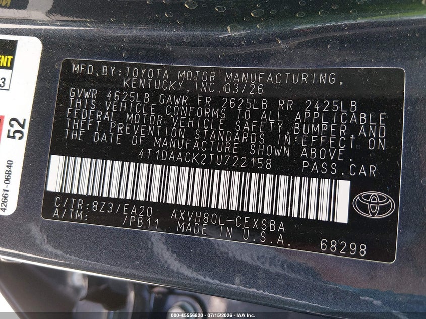 2026 Toyota Camry Se VIN: 4T1DAACK2TU722158 Lot: 45556820