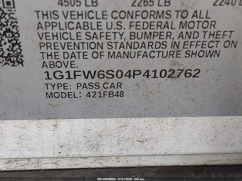 2023 Chevrolet Bolt Ev Fwd 1Lt VIN: 1G1FW6S04P4102762 Lot: 45556865