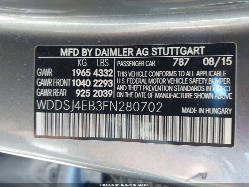 2015 Mercedes-Benz Cla 250 VIN: WDDSJ4EB3FN280702 Lot: 45556892