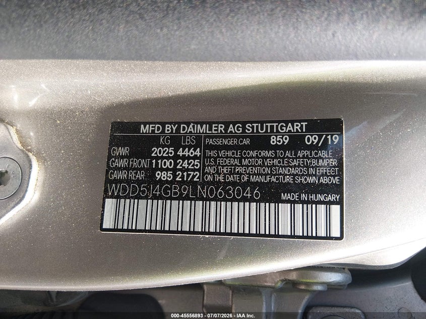 2020 Mercedes-Benz Cla 250 VIN: WDD5J4GB9LN063046 Lot: 45556893