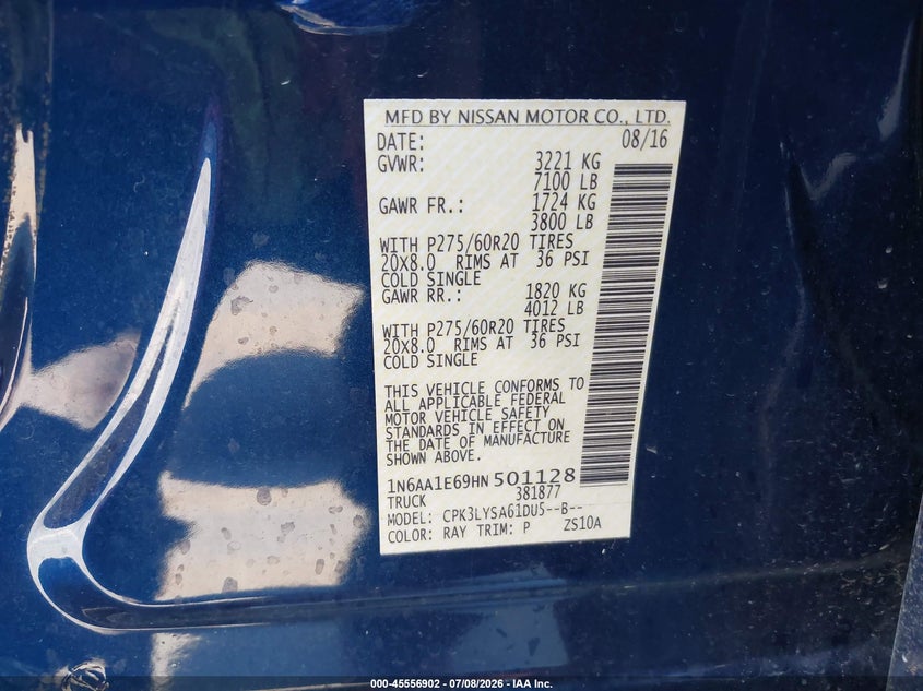 2017 Nissan Titan Platinum Reserve VIN: 1N6AA1E69HN501128 Lot: 45556902