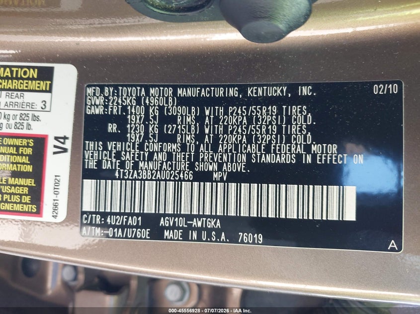 2010 Toyota Venza VIN: 4T3ZA3BB2AU025466 Lot: 45556928