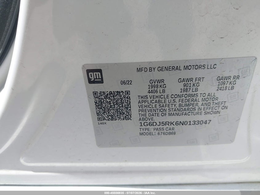 2022 Cadillac Ct4 Luxury VIN: 1G6DJ5RK6N0133047 Lot: 45556935