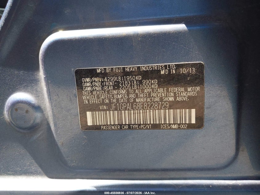 SUBARU IMPREZA 2014 VIN JF1GPAL68E8228729