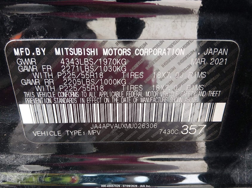 2021 Mitsubishi Outlander Sport 2.0 Se 2Wd VIN: JA4APVAUXMU026306 Lot: 45557026