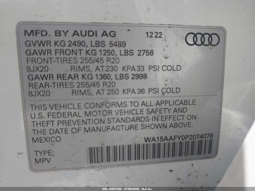 2023 Audi Q5 Sportback Premium Plus 45 Tfsi S Line Quattro S Tronic VIN: WA15AAFY0P2074078 Lot: 45557088