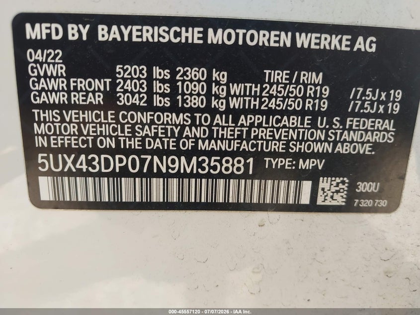 2022 BMW X3 Sdrive30I VIN: 5UX43DP07N9M35881 Lot: 45557120