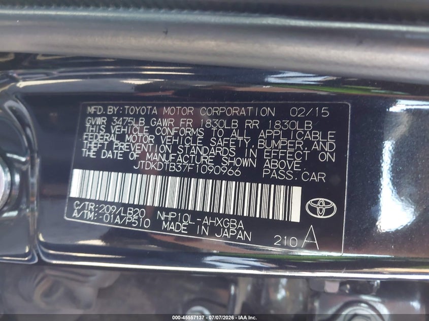 2015 Toyota Prius C Four VIN: JTDKDTB37F1090966 Lot: 45557137