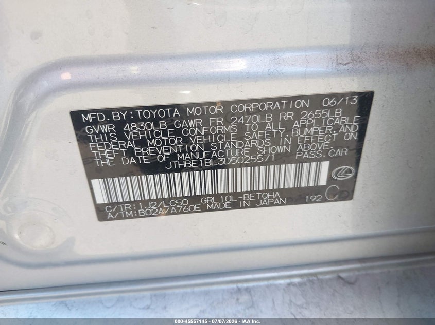 2013 Lexus Gs 350 VIN: JTHBE1BL3D5025571 Lot: 45557145
