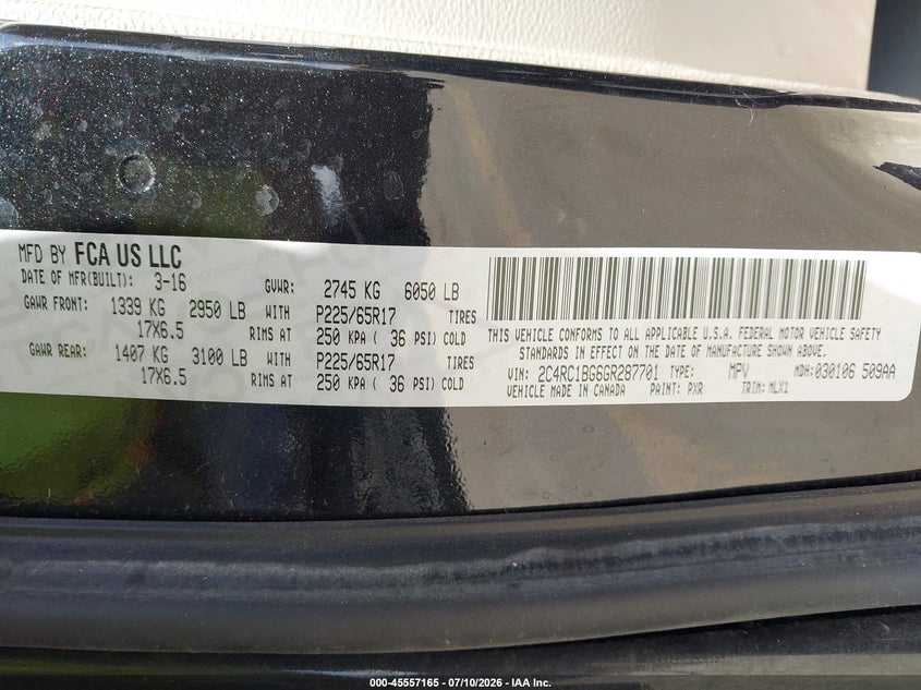 2016 Chrysler Town & Country Touring VIN: 2C4RC1BG6GR287701 Lot: 45557165