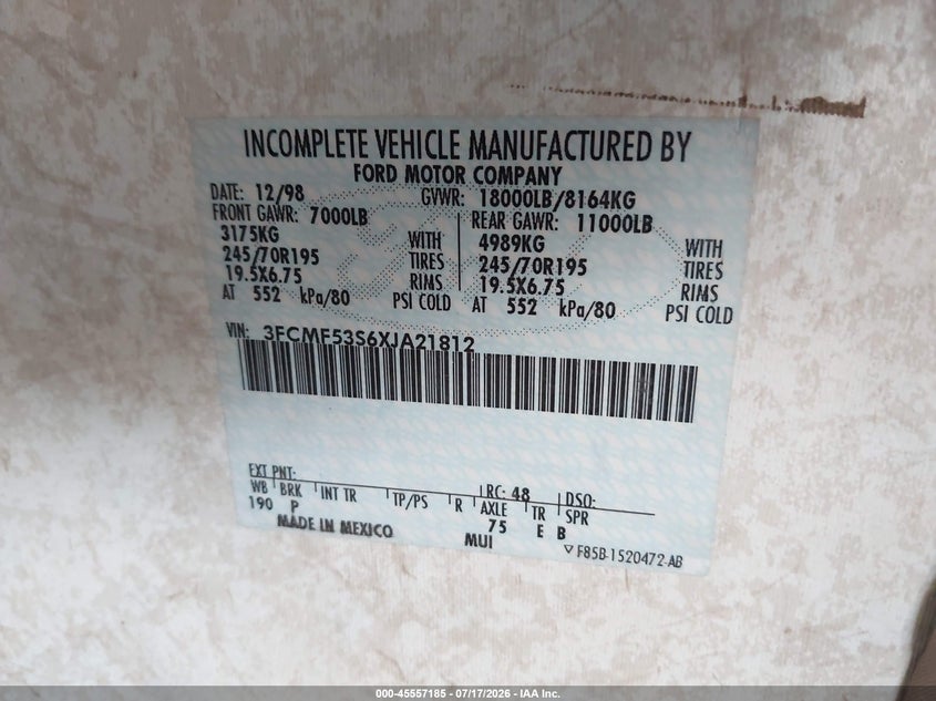 1999 Ford F550 Super Duty Stripped Chass VIN: 3FCMF53S6XJA21812 Lot: 45557185