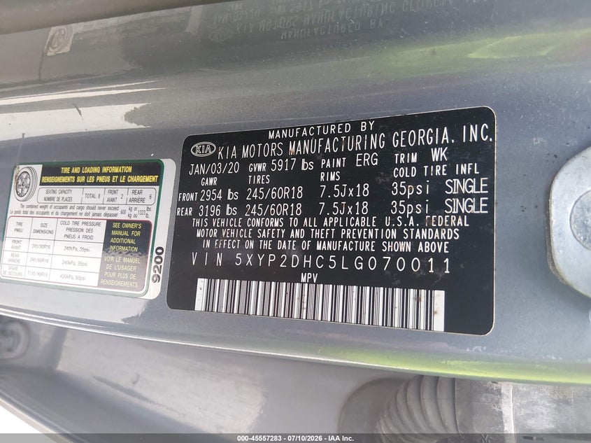 2020 Kia Telluride Lx VIN: 5XYP2DHC5LG070011 Lot: 45557283