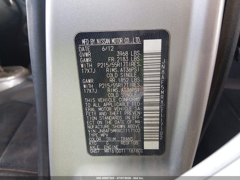 2012 Nissan Juke Sv VIN: JN8AF5MRXCT117102 Lot: 45557303