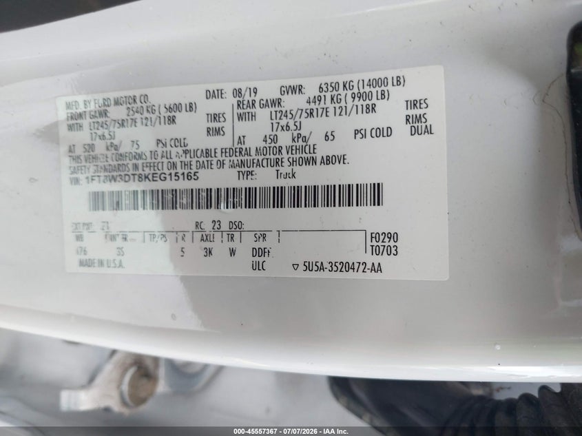 2019 Ford F-350 Xlt VIN: 1FT8W3DT8KEG15165 Lot: 45557367