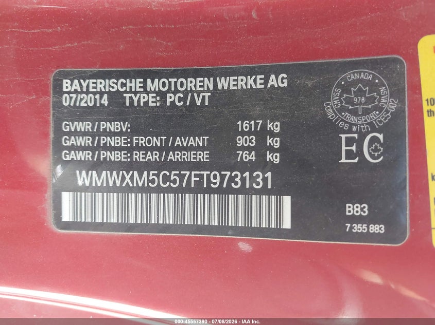 2015 Mini Hardtop Cooper VIN: WMWXM5C57FT973131 Lot: 45557390