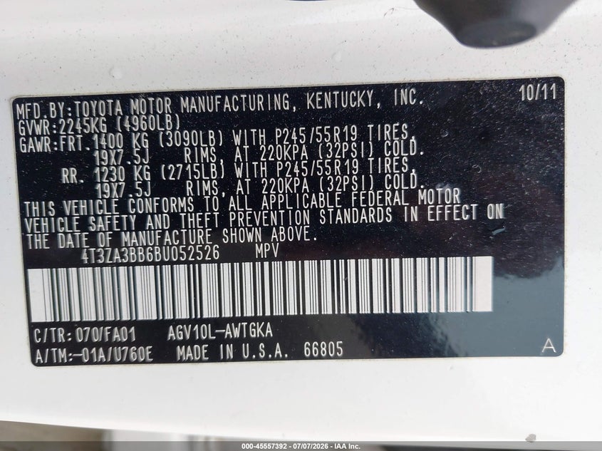 2011 Toyota Venza VIN: 4T3ZA3BB6BU052526 Lot: 45557392
