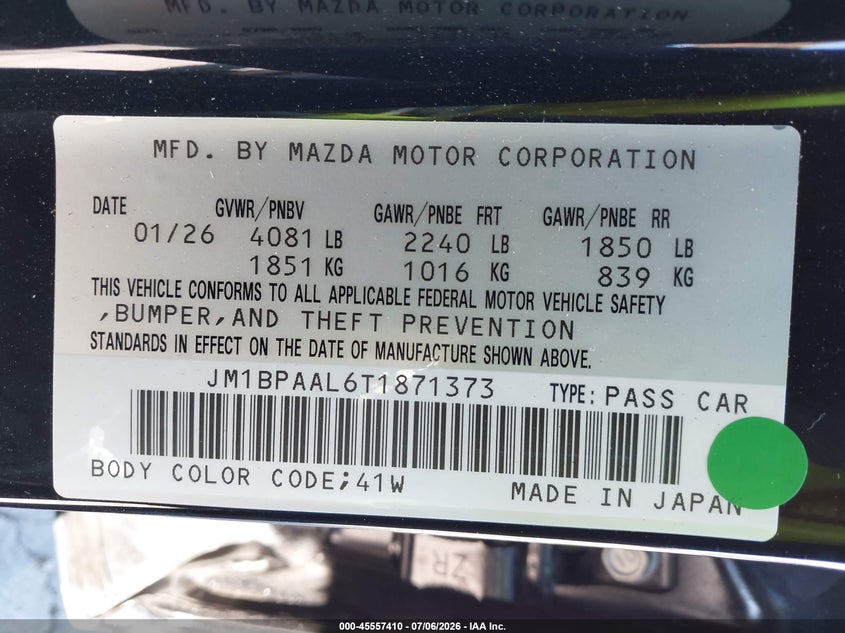 2026 Mazda Mazda3 2.5 S VIN: JM1BPAAL6T1871373 Lot: 45557410