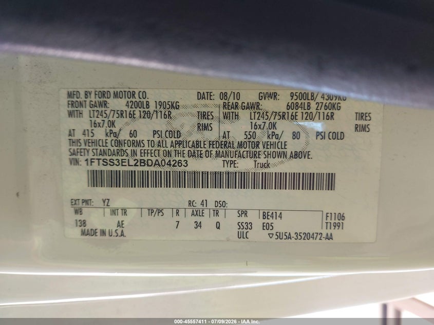 2011 Ford E-350 Super Duty Commercial/Recreational VIN: 1FTSS3EL2BDA04263 Lot: 45557411
