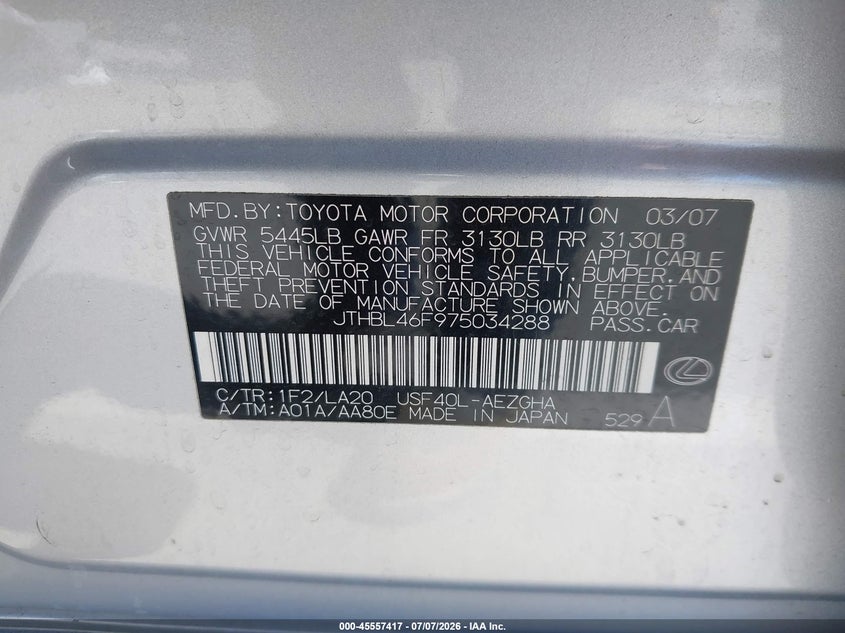 2007 Lexus Ls 460 VIN: JTHBL46F975034288 Lot: 45557417