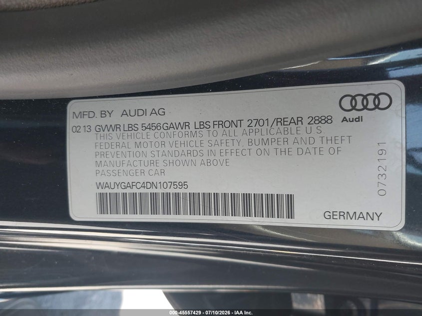 2013 Audi A7 3.0T Premium VIN: WAUYGAFC4DN107595 Lot: 45557429
