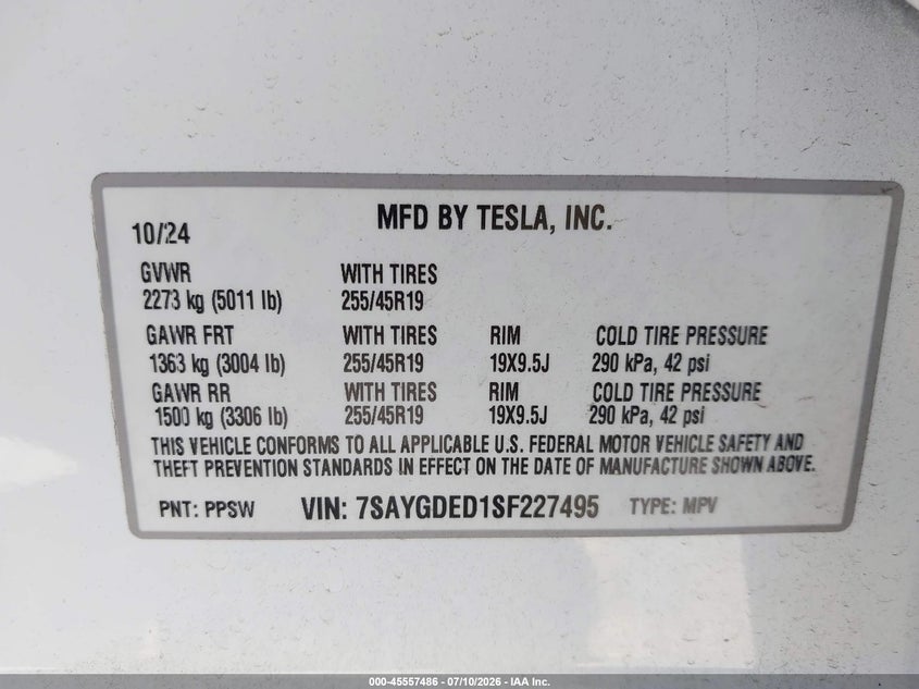 2025 Tesla Model Y Long Range Dual Motor Rear-Wheel Drive VIN: 7SAYGDED1SF227495 Lot: 45557486
