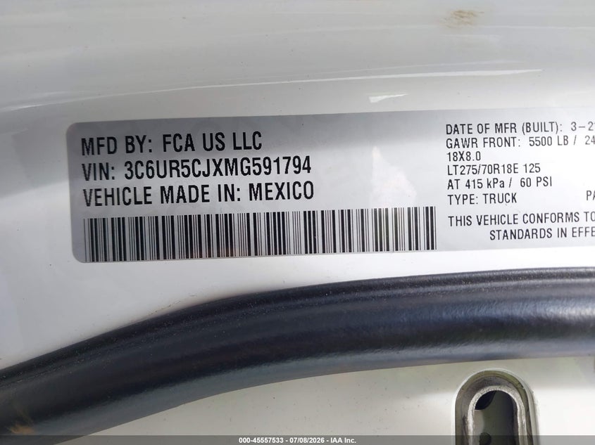 2021 Ram 2500 Tradesman 4X4 6'4 Box VIN: 3C6UR5CJXMG591794 Lot: 45557533