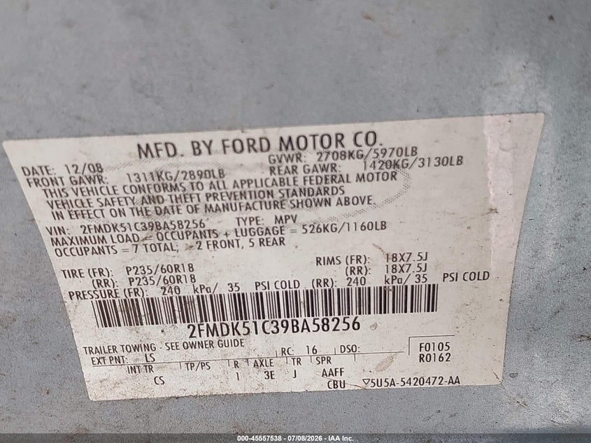 2009 Ford Flex Se VIN: 2FMDK51C39BA58256 Lot: 45557538