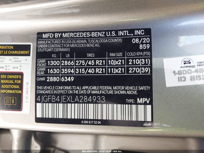 2020 Mercedes-Benz Gle 350 VIN: 4JGFB4JEXLA284933 Lot: 45557553
