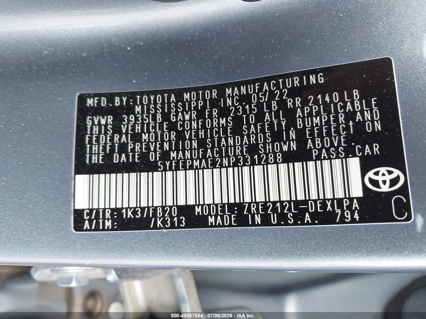 2022 Toyota Corolla Le VIN: 5YFEPMAE2NP331288 Lot: 45557554