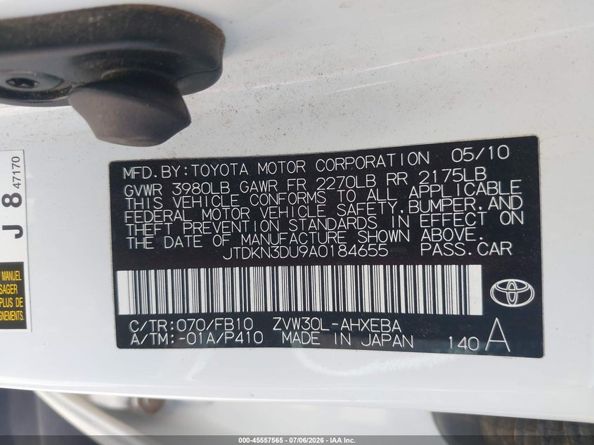 TOYOTA PRIUS 2010 VIN JTDKN3DU9A0184655
