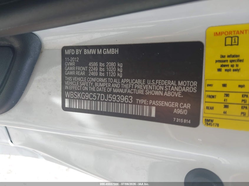 2013 BMW M3 VIN: WBSKG9C57DJ593963 Lot: 45557566