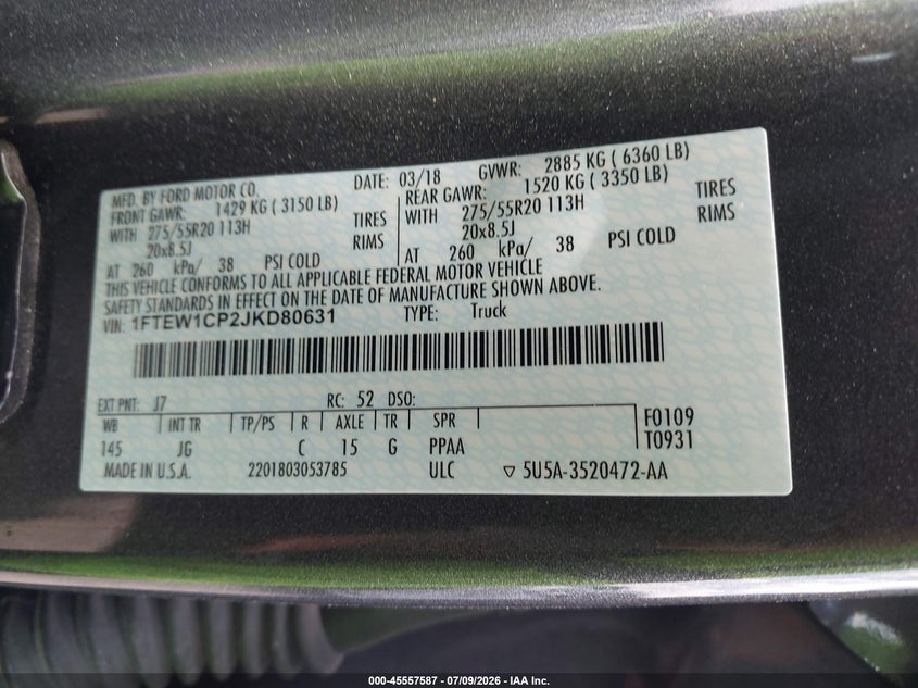 2018 FORD F-150 TRUCK 2.7L V-6 DI, DOHC, VVT, TURBO, 325HP