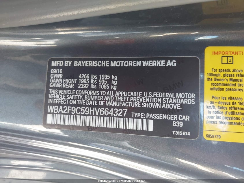 VIN: WBA2F9C59HV664327 2017 BMW 230I