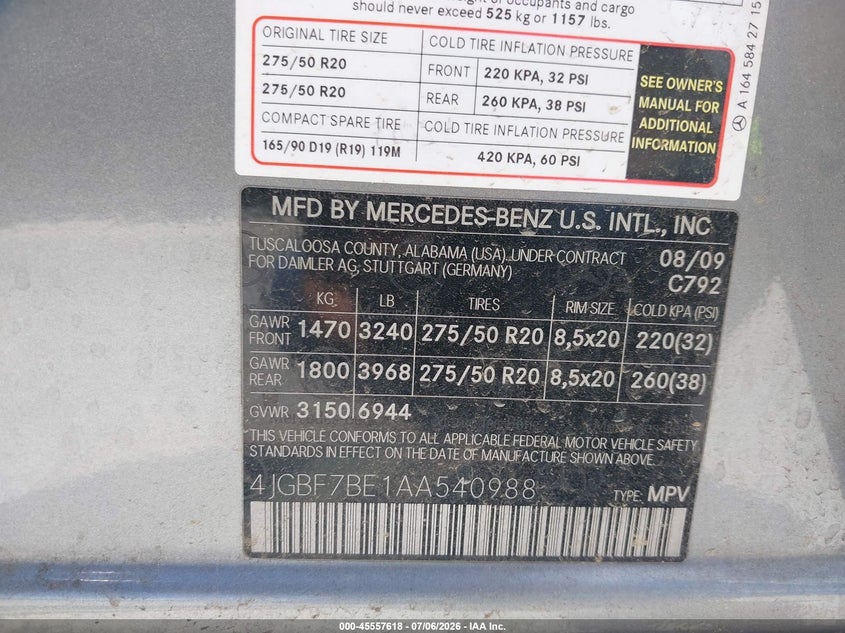 2010 Mercedes-Benz Gl 450 4Matic VIN: 4JGBF7BE1AA540988 Lot: 45557618