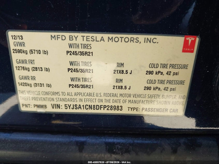 2013 Tesla Model S VIN: 5YJSA1CN8DFP28983 Lot: 45557638