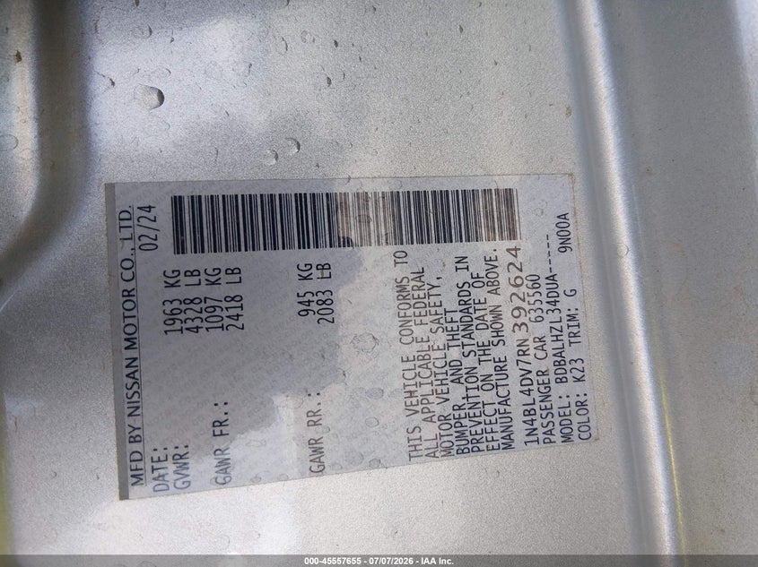 2024 Nissan Altima Sv Fwd VIN: 1N4BL4DV7RN392624 Lot: 45557655