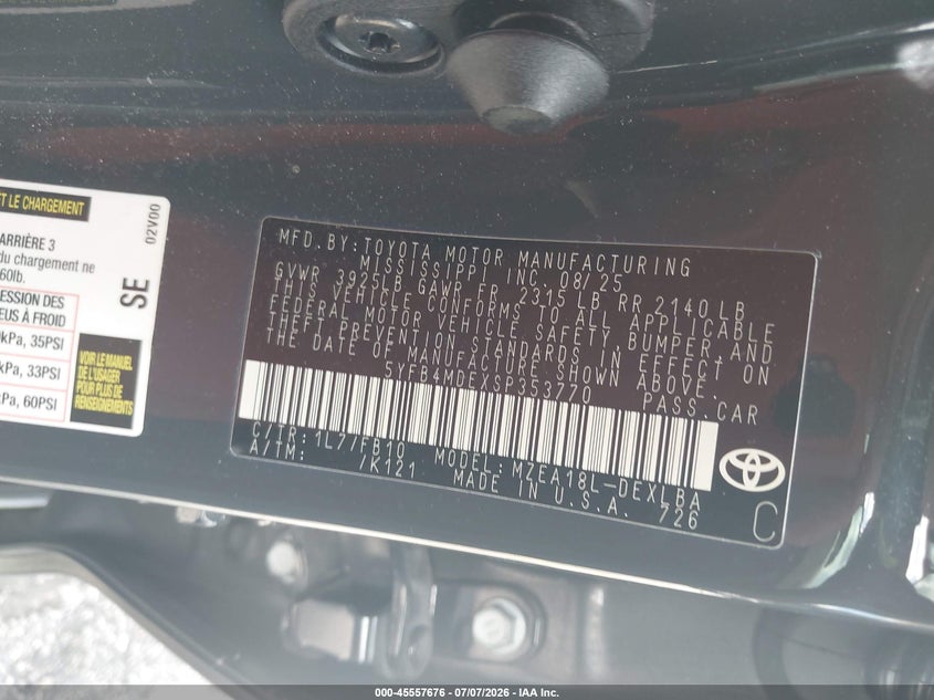 2025 Toyota Corolla Le VIN: 5YFB4MDEXSP353770 Lot: 45557676