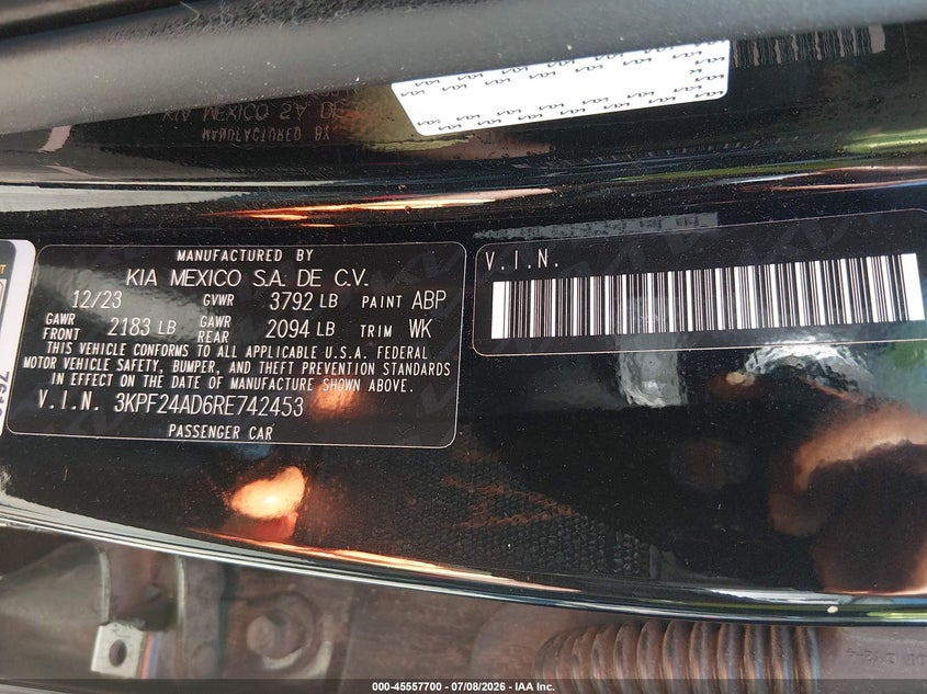 KIA FORTE 2024 VIN 3KPF24AD6RE742453
