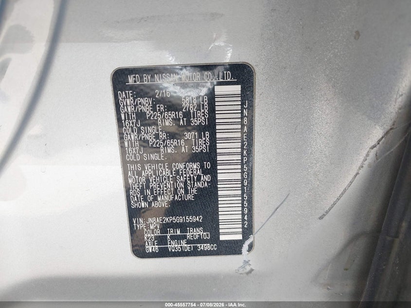 2016 Nissan Quest Platinum/S/Sl/Sv VIN: JN8AE2KP5G9155942 Lot: 45557754