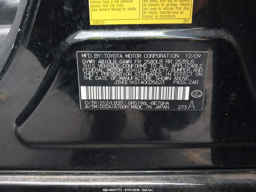 2010 Lexus Gs 350 VIN: JTHCE1KS1A0025623 Lot: 45557772