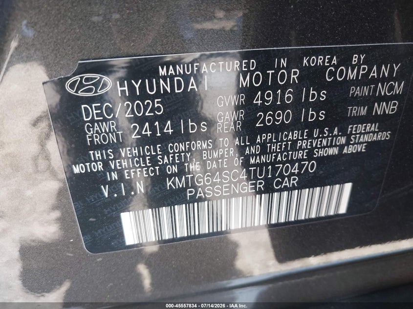 2026 Genesis G70 2.5T Awd VIN: KMTG64SC4TU170470 Lot: 45557834