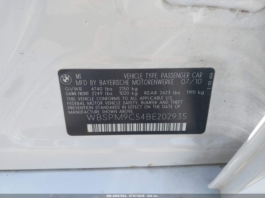2011 BMW M3 VIN: WBSPM9C54BE202935 Lot: 45557853
