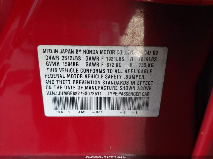 2009 Honda Fit VIN: JHMGE88279S072611 Lot: 45557858