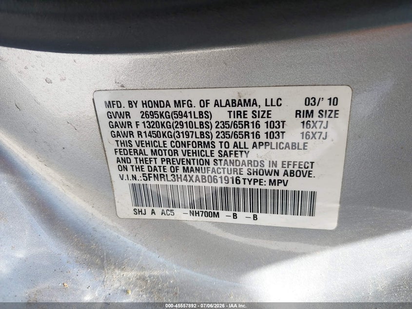 2010 Honda Odyssey Ex VIN: 5FNRL3H4XAB061916 Lot: 45557892