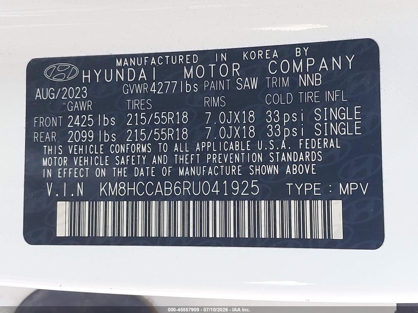 2024 Hyundai Kona Sel VIN: KM8HCCAB6RU041925 Lot: 45557909