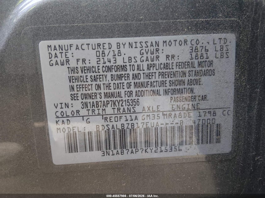 2019 Nissan Sentra S VIN: 3N1AB7AP7KY215356 Lot: 45557986
