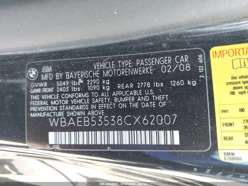2008 BMW 650I VIN: WBAEB53538CX62007 Lot: 45558021