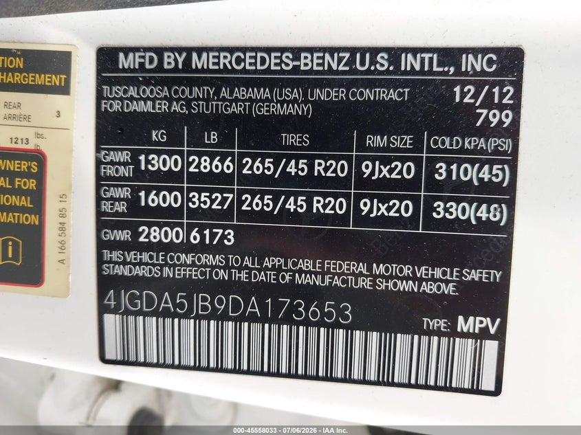 2013 Mercedes-Benz Ml 350 VIN: 4JGDA5JB9DA173653 Lot: 45558033