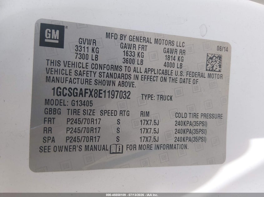CHEVROLET EXPRESS 1500 2014 VIN 1GCSGAFX8E1197032